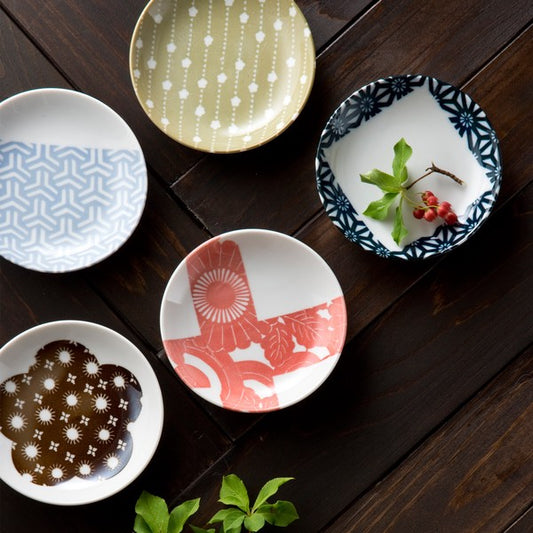 Ise Katagami Mino ware small plate set of five featuring assorted traditional Japanese stencil patterns.