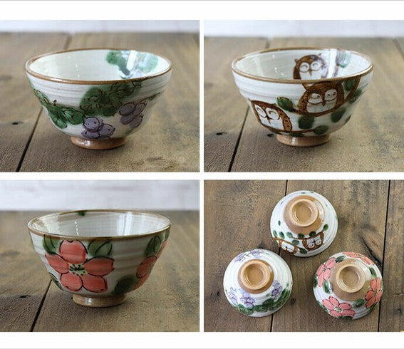 Back view of three Minoware rice bowls—owl, grape, and flower—lined up to show the hand-painted designs and unglazed foot of each bowl