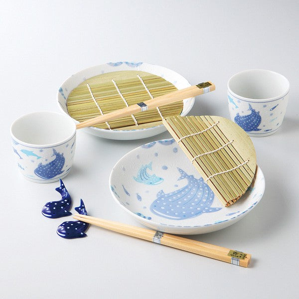 Japanese Whale Shark cold noodle serving set with ceramic bowls, bamboo mats, soba cups, chopsticks, and whale shark chopstick rests, made in Japan.