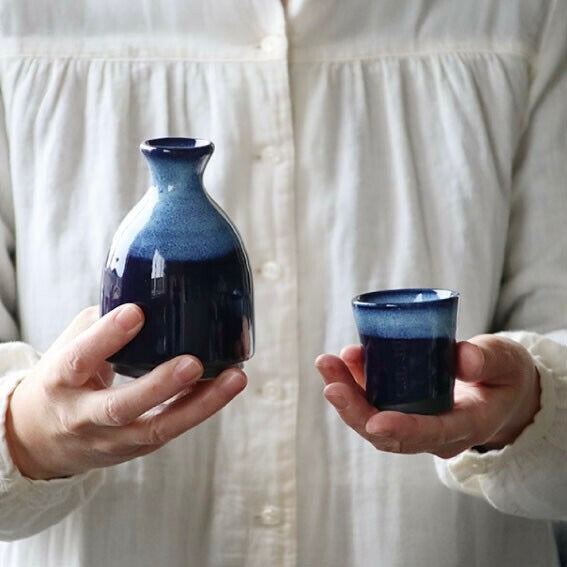 Artisan Mino Ware Sake & Snack Set – Ink-Wash Design (2 Patterns)