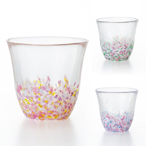 Three Tsugaru Vidro “Sakura Sakura” free cups showing layered cherry blossom tones