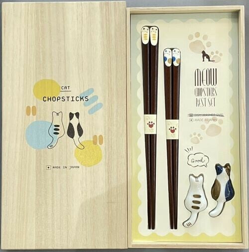 Paulownia wooden box with cat silhouette, holding chopsticks and rests