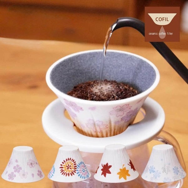 Brewing coffee with reusable COFIL ceramic filter, eco-friendly alternative to paper filters.  4 patterns indicating Japan's four beautiful seasons