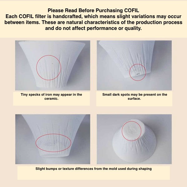 Informational text about COFIL filters with images of imperfections on a beige background.