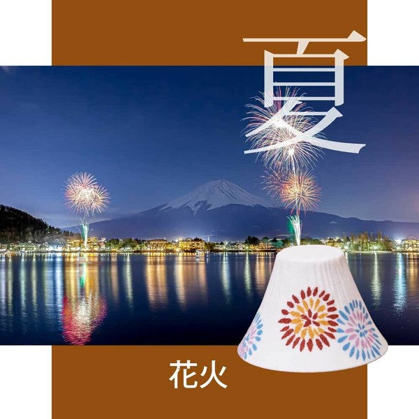 Fireworks over a mountain with COFIL coffee dripper in the foreground, set against a blue sky.