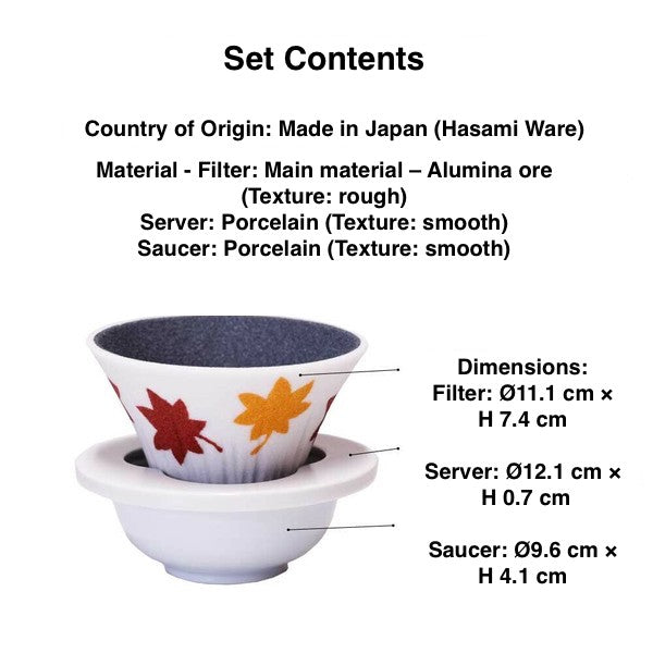 Set contents with filter, server, and saucer labeled with dimensions and material details on a white background.