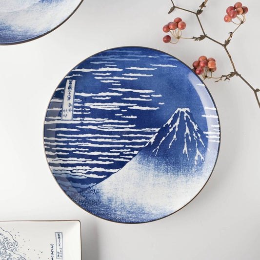 Hokusai Fine Wind Clear Morning blue and white Mino Ware large plate featuring Mount Fuji and clouds, 25.2 cm