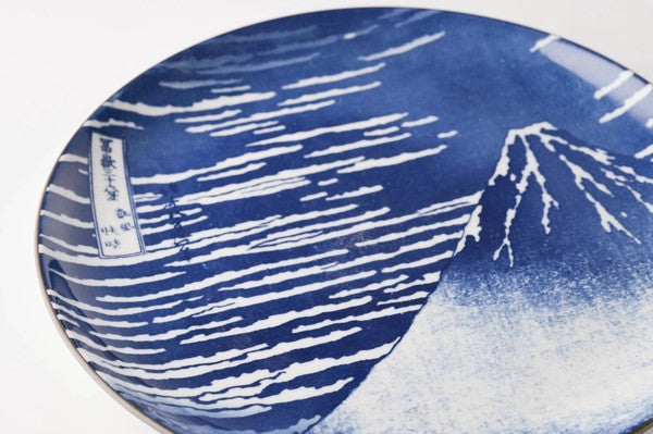 Close-up of Hokusai Fine Wind, Clear Morning blue and white Mino Ware plate showing Mount Fuji and cloud details