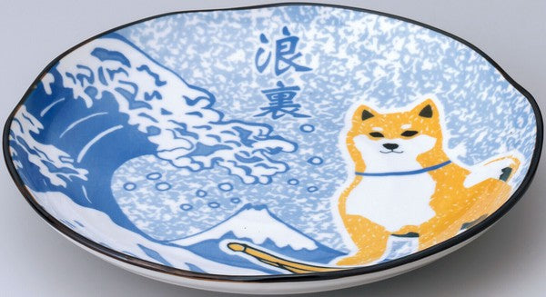 Japanese ceramic plate featuring Shiba Inu, The Great Wave, and Mount Fuji – Mino ware made in Japan