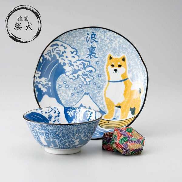 Shiba Inu & Great Wave Bowl and Plate Set | Japanese Mino Ware