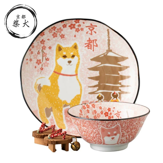 Japanese ceramic set featuring Shiba Inu and cherry blossoms with Kyoto landmarks—includes a 14cm bowl and 21cm deep plate