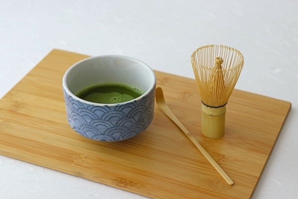 Matcha set with Mino ware bowl, bamboo whisk, and scoop on wooden board – Seigaiha Waves