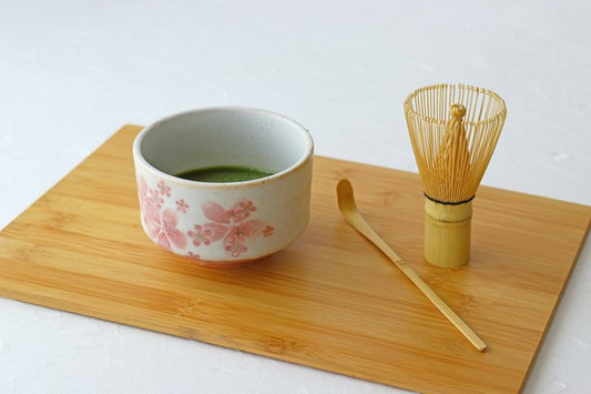 Matcha set with Mino ware bowl, bamboo whisk, and scoop on wooden board – Dancing Sakura