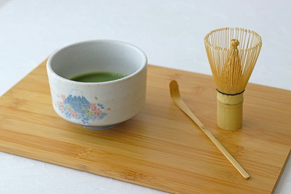 Matcha set with Mino ware bowl, bamboo whisk, and scoop on wooden board – Fuji Sakura