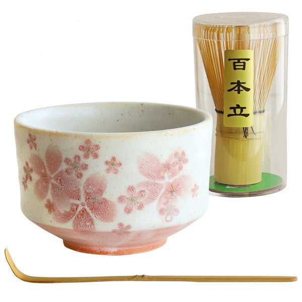Close-up of Japanese matcha bowl, whisk, and scoop in Dancing Sakura design