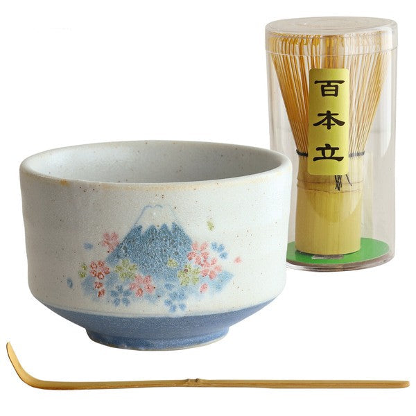 Close-up of Japanese matcha bowl, whisk, and scoop in Fuji Sakura design