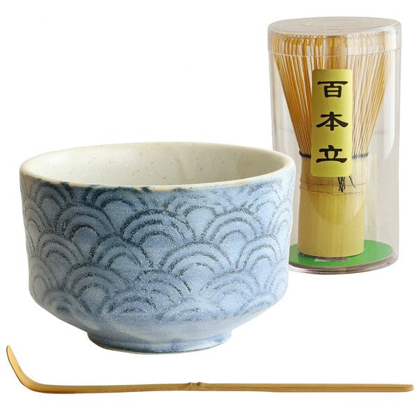 Close-up of Japanese matcha bowl, whisk, and scoop in Seigaiha Waves design