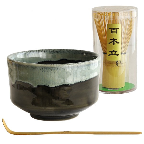 Close-up of Japanese matcha bowl, whisk, and scoop in Flowing Mist design