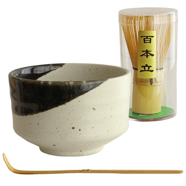 Close-up of Japanese matcha bowl, whisk, and scoop in Oribe Style design