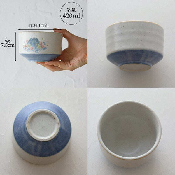 Mino ware matcha bowl in Fuji Sakura design shown from multiple angles with size details