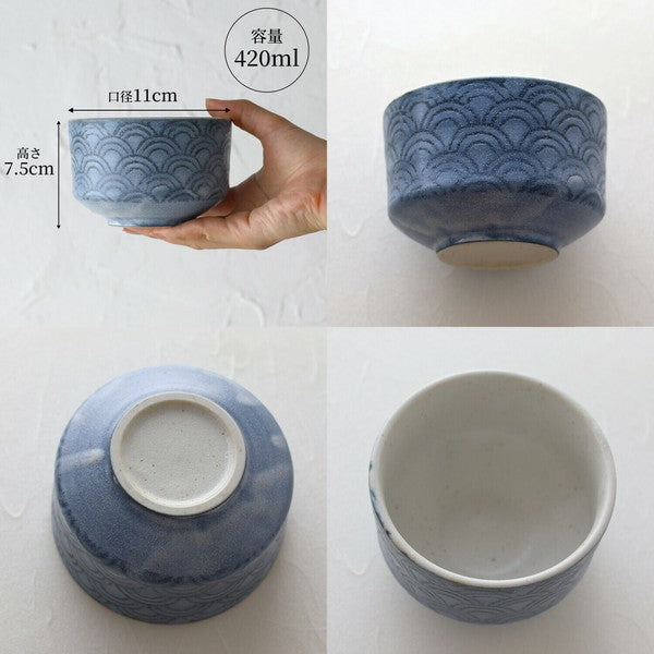 Mino ware matcha bowl in Seigaiha Waves design shown from multiple angles with size details
