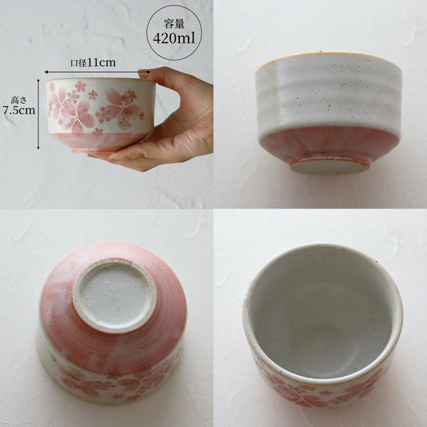 Mino ware matcha bowl in Dancing Sakura design shown from multiple angles with size details