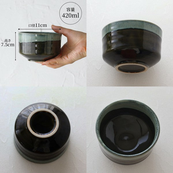 Mino ware matcha bowl in Flowing Mist design shown from multiple angles with size details”