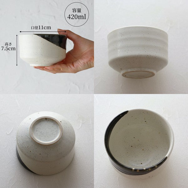 Mino ware matcha bowl in Oribe Style design shown from multiple angles with size details