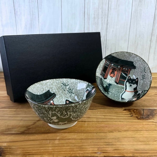 Beautifully boxed Shiba Inu Kaminarimon bowl pair gift set made in Japan