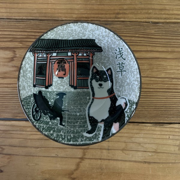Top view of Shiba Inu and Kaminarimon design bowl showcasing red gate and playful Shiba pattern
