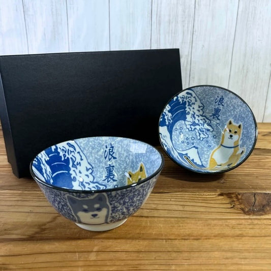 Shiba Inu x Great Wave bowl pair packaged in a gift box – Japanese ceramic tableware set