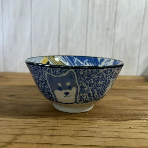 Side view of Shiba Inu x Great Wave bowl featuring playful Shiba Inu 