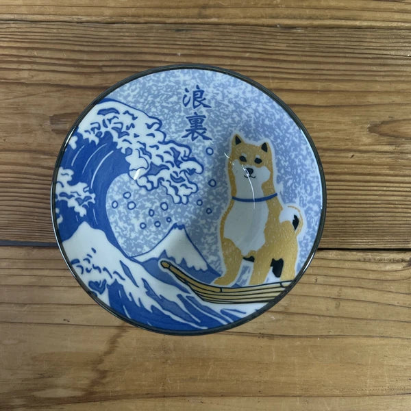 Top view of Shiba Inu x Great Wave ceramic bowl showing ukiyo-e inspired wave and Mount Fuji design