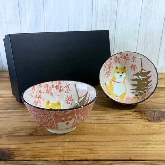 Shiba Inu x Kyoto bowl pair packaged in a gift box – Japanese Mino ware tableware set