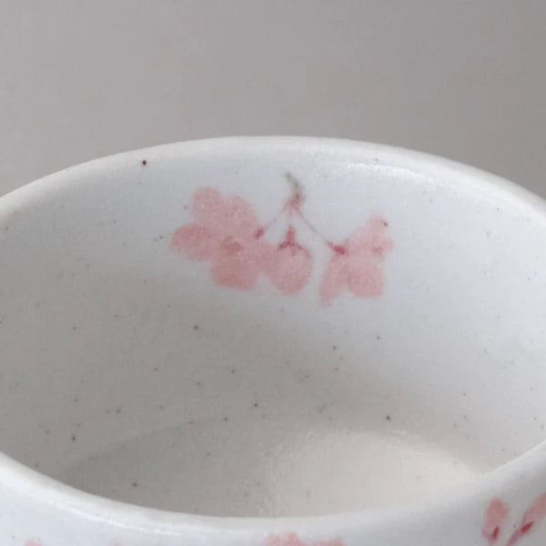 Close-up of pink sakura blossom motif on Japanese Mino ware matcha bowl