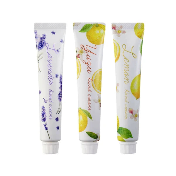 Close up of Japanese hand creams in lavender, yuzu, and lemon scents