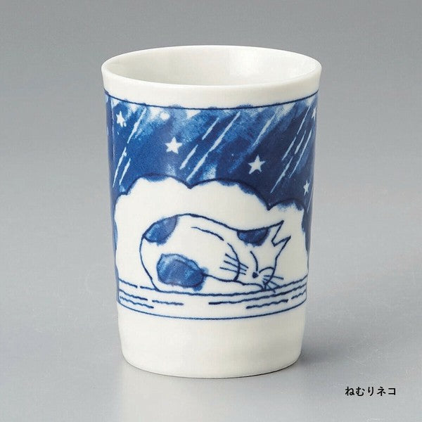 Sleepy Cat Mino ware teacup with curled-up cat illustration