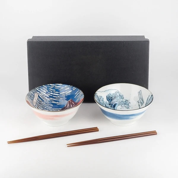 Hokusai Masterpieces Bowl Gift Set – Great Wave & Red Fuji (with Chopsticks)