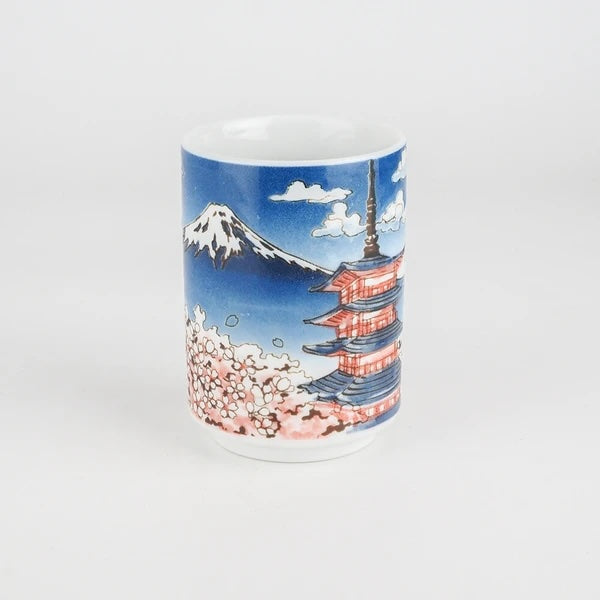 Sakura Fuji Mino ware tea cup featuring Mount Fuji, the Chureito Pagoda, and cherry blossoms, made in Japan