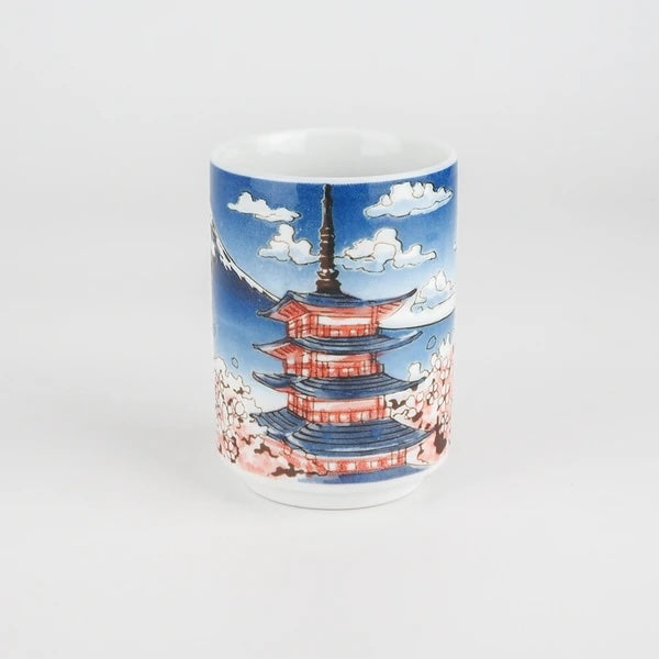 Sakura Fuji Mino ware tea cup featuring Mount Fuji, the Chureito Pagoda, and cherry blossoms, made in Japan