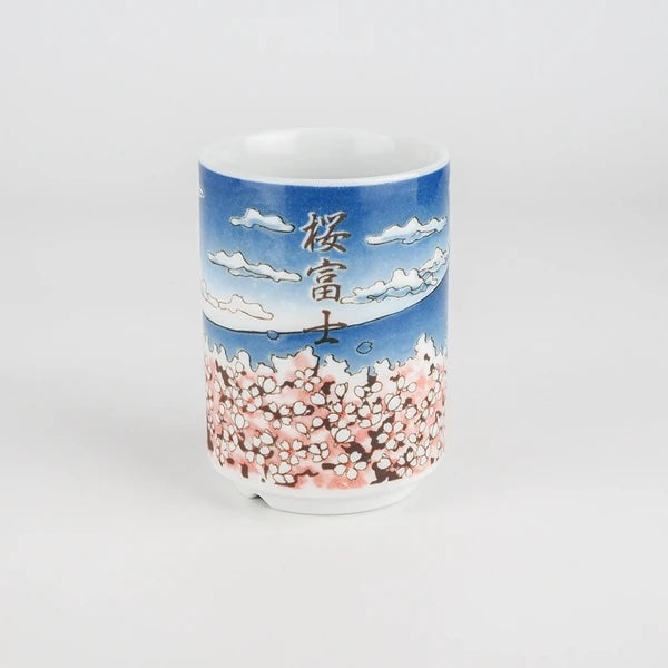 Panoramic design wrapping around the Sakura Fuji Mino ware ceramic tea cup