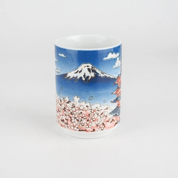Panoramic design wrapping around the Sakura Fuji Mino ware ceramic tea cup