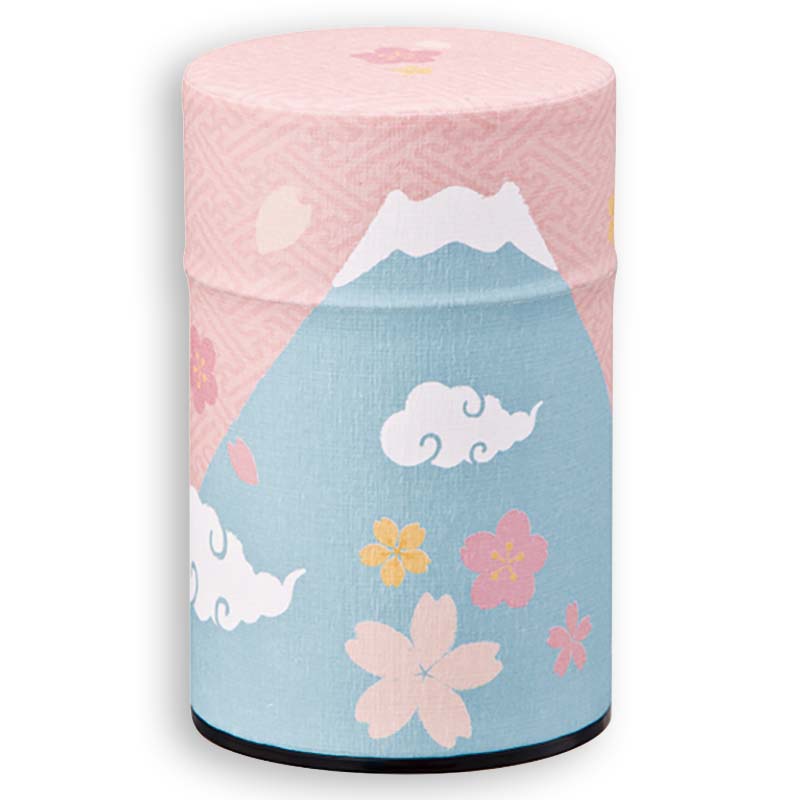 Japanese washi tea canister with Mt. Fuji and cherry blossoms design