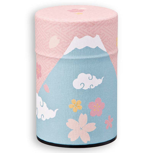 Japanese washi tea canister with Mt. Fuji and cherry blossoms design