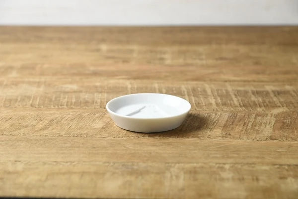 Side view of the white porcelain dipping plate with sauce revealing a Mount Fuji design