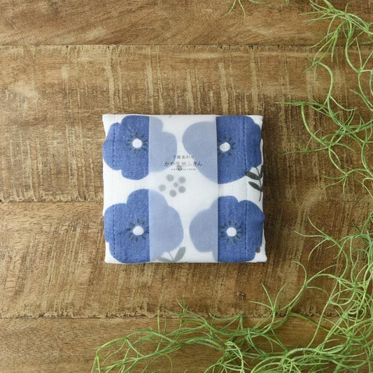 Folded blue floral 7-layer kaya fabric cleaning cloth made in Japan