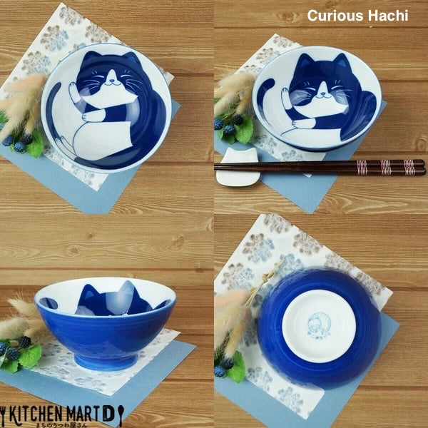Collage showing multiple angles of the Curious Hachi cat bowl—front, side, top, and base views—highlighting the cheerful blue cat illustration and fine ceramic details.

