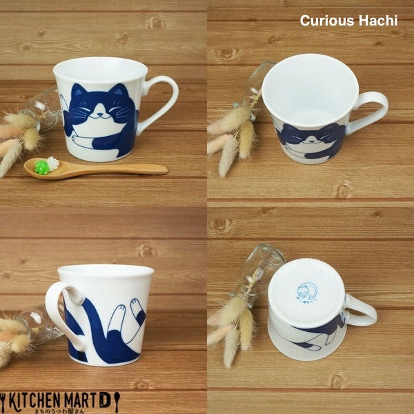 ollage showing multiple angles of the Curious Hachi cat mug from the Nekochigura collection, featuring a cheerful blue-and-white feline illustration