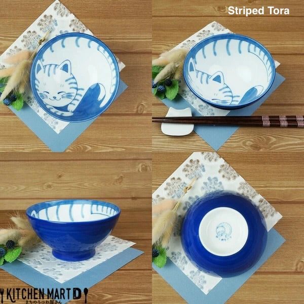 Detailed collage of the Striped Tora cat bowl—capturing the wise expression and blue-striped pattern from several angles to showcase its handcrafted charm