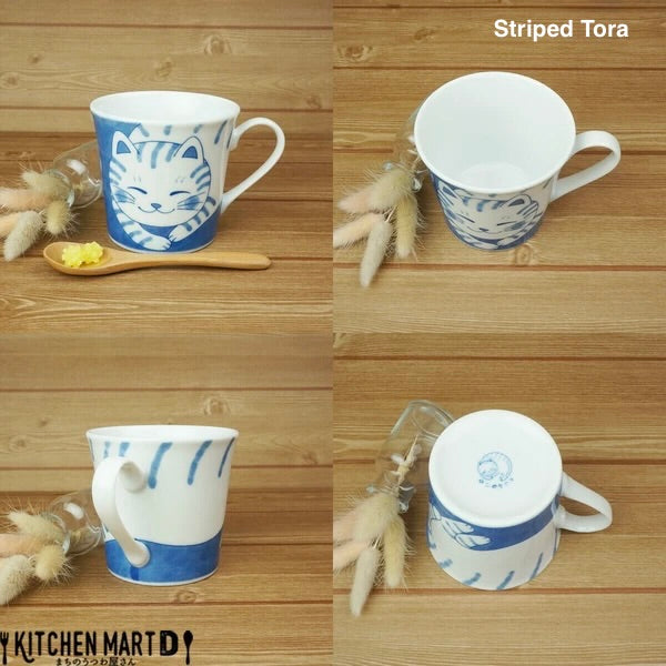Collage of Striped Tora cat mug showcasing different sides of the calm, wise feline illustration in blue-and-white ceramic